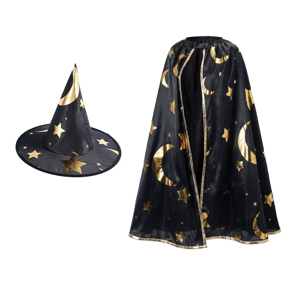 Cape de magicien à étoiles pour enfants, avec chapeau pointu d'Halloween