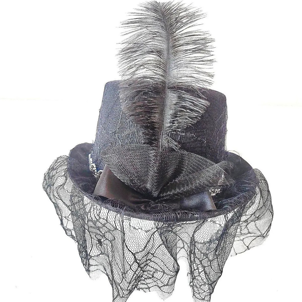 Petit chapeau haut de forme victorien noir avec voile en dentelle