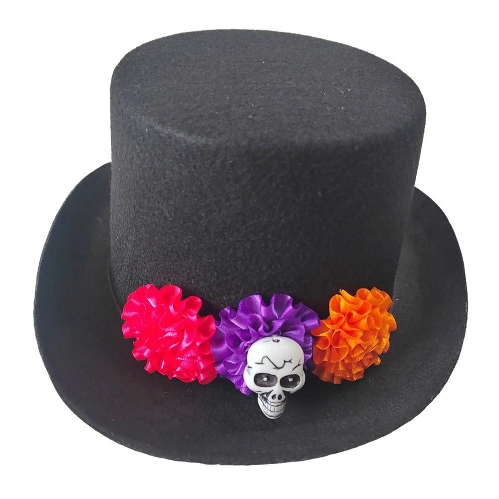 Chapeau haut de forme pour déguisements d'Halloween avec motif crâne et fleurs