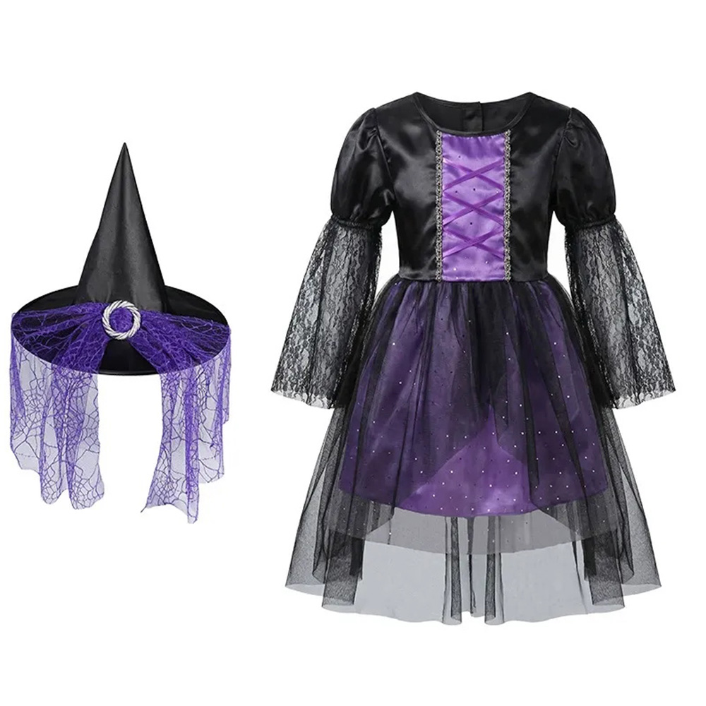 Robe de costume de sorcière mystique d'Halloween pour enfants avec chapeau
