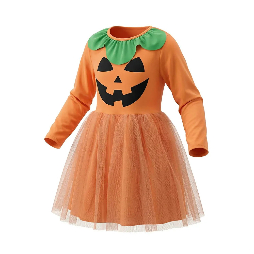 Costume de robe en maille citrouille d'Halloween à manches longues pour fille