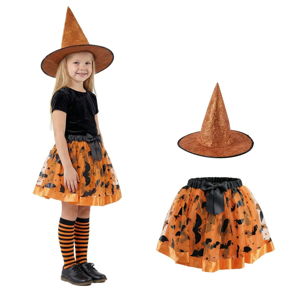 Costume de sorcière avec jupe tutu d'Halloween pour filles avec chapeau