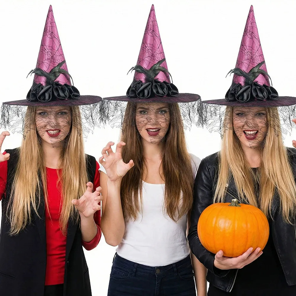 Chapeau de sorcière en dentelle et plumes fantaisie d'Halloween avec rose